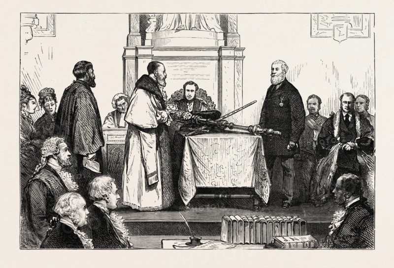 PRESENTATION OF THE FREEDOM OF THE CITY TO SIR ALBERT D. SASSOON, K.S.I.: THE CEREMONY AT THE GUILDHALL, LONDON, UK, 1873 engraving