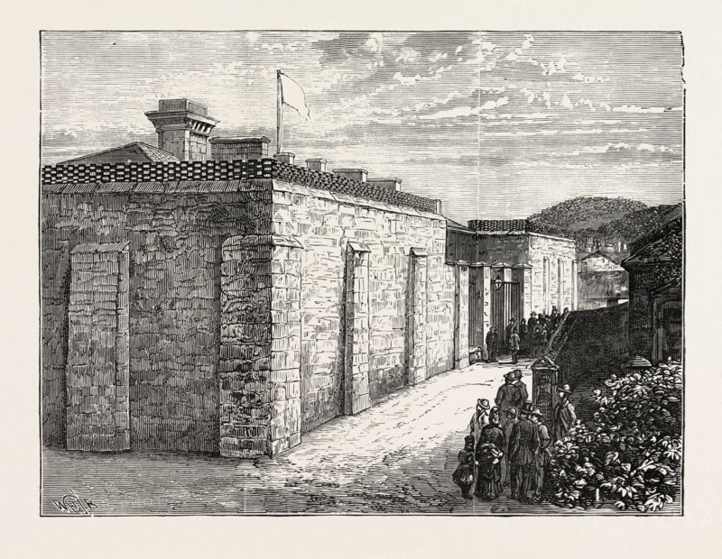 ANGLESEY COUNTY JAIL, BEAUMARIS, HOISTING THE WHITE FLAG, UK, 1873 engraving