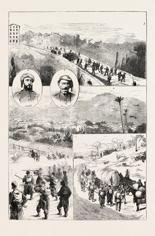 THE CARLIST WAR IN SPAIN: 1. The Inhabitants and Volunteers of Valls repulsing the Carlists. 2. The Carlist Chief Miret. 3. Vila de Prat, Carlist Chief killed in the attack on Igualada. 4. Battle at Jativa. 5. A Berga Convoy, 1873 engraving