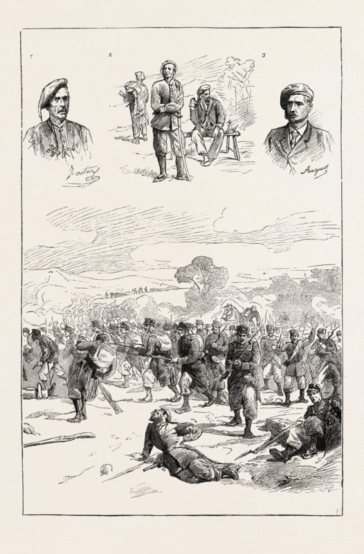 THE CARLIST WAR IN SPAIN: 1. The Carlist Chief Fontova. 2. Carlist Officers. 3. The Carlist Chief Auguet. 4. Encounter near Prades (Tarragona)., 1873 engraving