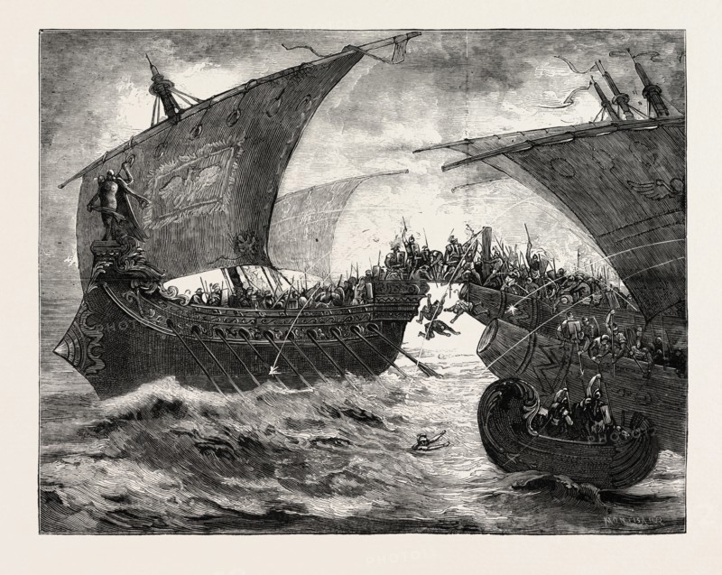 THE BATTLE OF ACTIUM, SCENE FROM ANTONY AND CLEOPATRA AT DRURY LANE THEATRE, LONDON, UK, 1873 engraving
