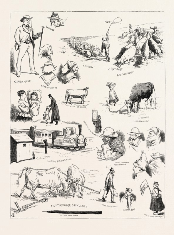 JOTTINGS IN A RAILWAY CARRIAGE FROM VIENNA TO ROTTERDAM: GERMAN GENT, BAVARIAN, HEAD DRESSES, GOOSE BOY, GIRL SWINEHERDS, NURNBERG, PASSAU, IN HOLLAND, TETHERING A COW, SALUTING THE MAIL TRAIN, A CIGAR FROM VIENNA, COMING FROM MARKET, COUNTRY MAN, DANGER SIGNAL IN HOLLAND, NIGHT TRAIN FROM VIENNA TO COLOGNE, 1873 engraving