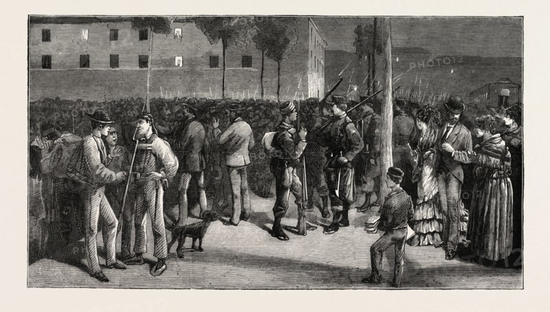 THE CIVIL WAR IN SPAIN: SOLDIERS LEAVING MADRID FOR THE NORTH, 1873 engraving