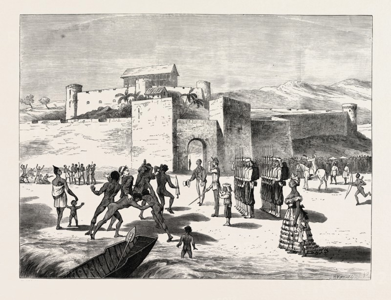 THE ASHANTEE WAR, ARRIVAL OF THE GOVERNOR AT CAPE COAST CASTLE: The delighted Fantees, The Beauty and Fashion, The Tom-Tom Band, The Governor landed through Surf by Friendly Natives, The Colonial Secretary, The Guard of Honour, 2nd West India Regiment, The Rank and Fashion, The Mob, ANGLO ASHANTI WAR, GHANA, 1873 engraving