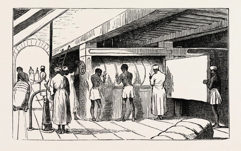 INTERIOR OF SHUNA: THE HYDRAULIC PRESS, BANDING THE BALES, EGYPT, 1873 engraving
