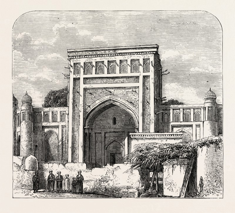 THE RUSSIAN EXPEDITION TO KHIVA, VIEWS IN THE CITY: THE SCHOOL RACHIM-BERBI-BIA, UZBEKISTAN, 1873 engraving