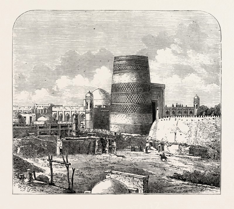 THE RUSSIAN EXPEDITION TO KHIVA, VIEWS IN THE CITY: TEMPLE OF THE PALACE, UZBEKISTAN, 1873 engraving