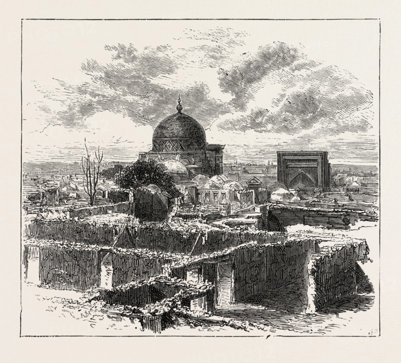 THE RUSSIAN EXPEDITION TO KHIVA, VIEWS IN THE CITY: THE CHIEF SCHOOL IN KHIVA, UZBEKISTAN, 1873 engraving