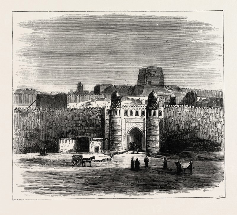 THE RUSSIAN EXPEDITION TO KHIVA, VIEWS IN THE CITY: THE KHAN'S PALACE, UZBEKISTAN, 1873 engraving