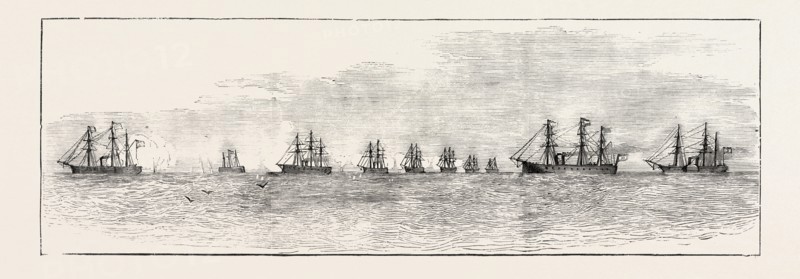THE NAVAL ENGAGEMENT OFF CARTAGENA, SPAIN: SKETCH OF THE ENGAGEMENT FROM H.M.S. LORD WARDEN, 1873 engraving