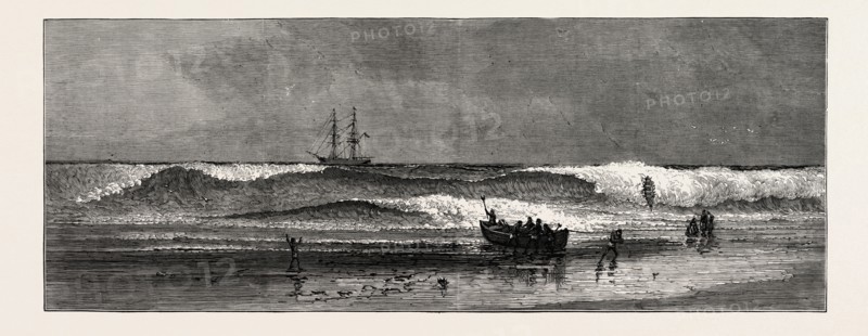 THE WEST COAST OF AFRICA: THE ASHANTEE WAR: LANDING THROUGH THE SURF AT ASSINEE, ANGLO ASHANTI WAR, GHANA, 1873 engraving