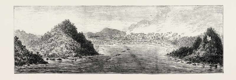 THE ASHANTEE WAR: VIEW OF AQUIDAH, SHELLED BY H.M.S. DRUID, AUGUST 28, 1873, ANGLO ASHANTI WAR, GHANA, 1873 engraving