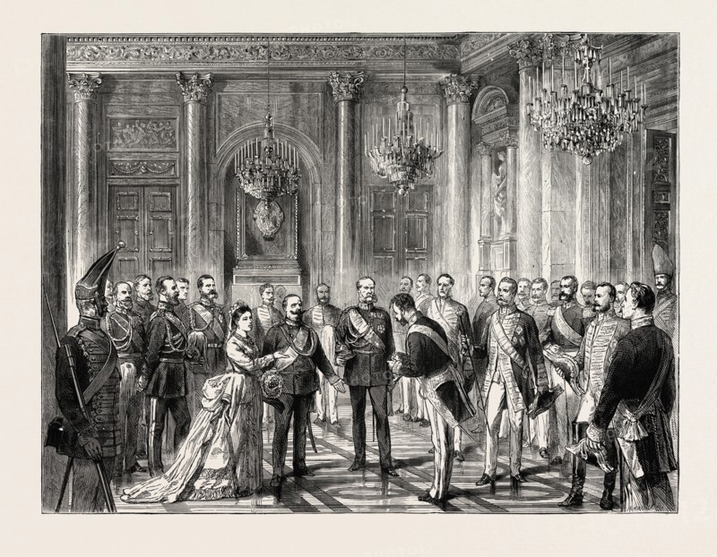 VISIT OF KING VICTOR EMMANUEL TO BERLIN: PRESENTATION OF STATE DIGNITARIES TO THE KING ON HIS ARRIVAL AT THE PALACE, GERMANY, 1873 engraving