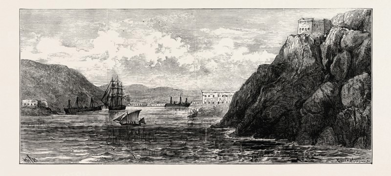 THE CIVIL WAR IN SPAIN: ENTRANCE TO CARTHAGENA HARBOUR: THE INTRANSIGENTE IRONCLADS MENDEZ NUNEZ AND NUMANCIA COMING OUT, 1873 engraving