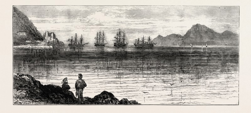 THE CIVIL WAR IN SPAIN: H.M.S. TRIUMPH AND SWIFTSURE CONVOYING THE INTRANSIGENTE VESSELS VITTORIA AND ALMANZA INTO GIBRALTAR, 1873 engraving