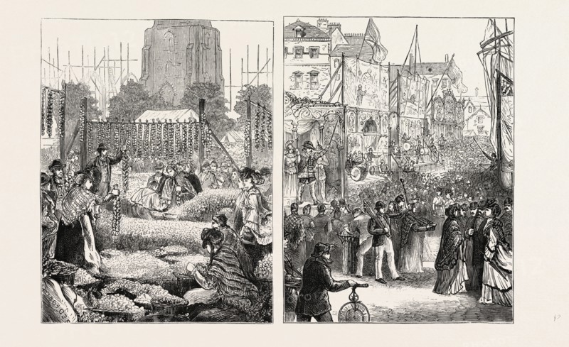 ONION FAIR AT BIRMINGHAM (LEFT IMAGE); GOOSE FAIR AT NOTTINGHAM (RIGHT IMAGE), UK, 1873 engraving