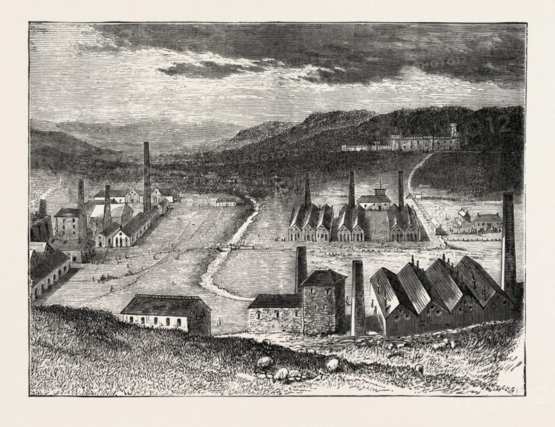 THE STRIKE IN SOUTH WALES, UK: THE CYFARTHFA IRONWORKS AND CASTLE, THE RESIDENCE OF MR. CRAWSHAY, 1873 engraving