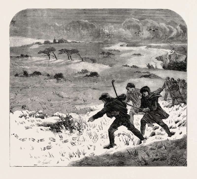 TRACKING RABBITS THROUGH THE SNOW, 1873 engraving