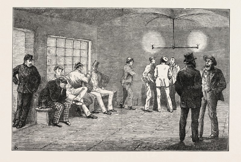 IN THE CELLARS AT NEWGATE: PRISONERS WAITING FOR THE COURT TO OPEN, LONDON, UK, 1873 engraving