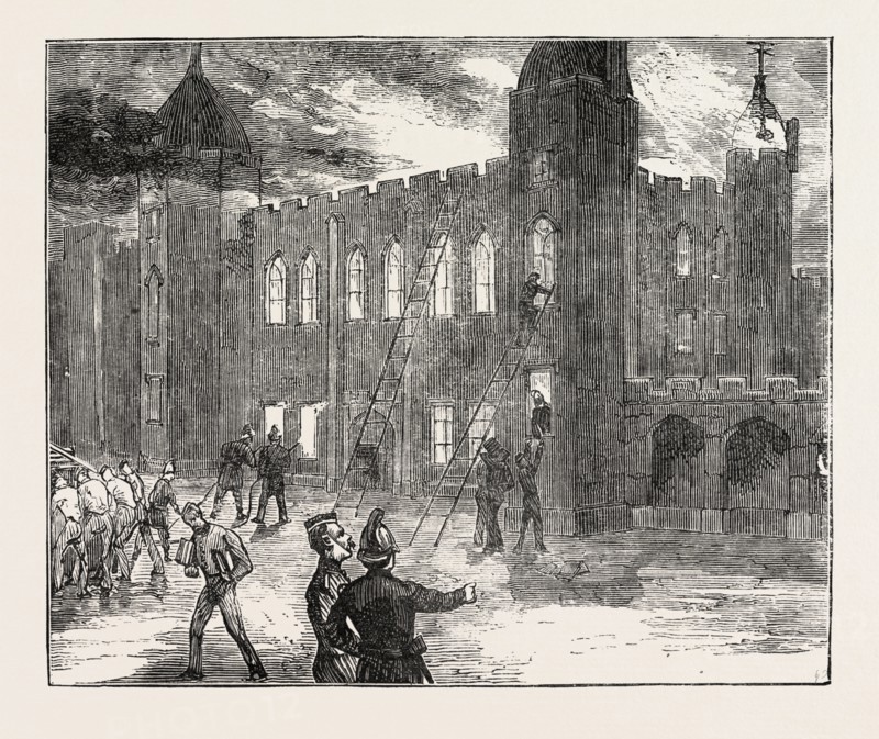 THE FIRE AT THE ROYAL MILITARY ACADEMY AT WOOLWICH, UK: VIEW FROM THE COURTYARD, 7 A.M., 1873 engraving