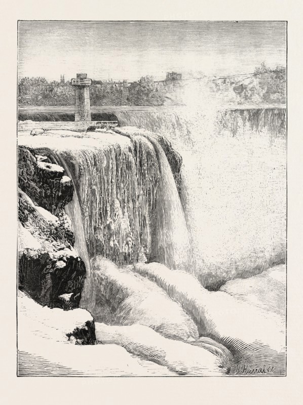 THE NIAGARA FALLS IN WINTER TIME: HORSE-SHOE FALL AND PROFILE ROCK, 1873 engraving