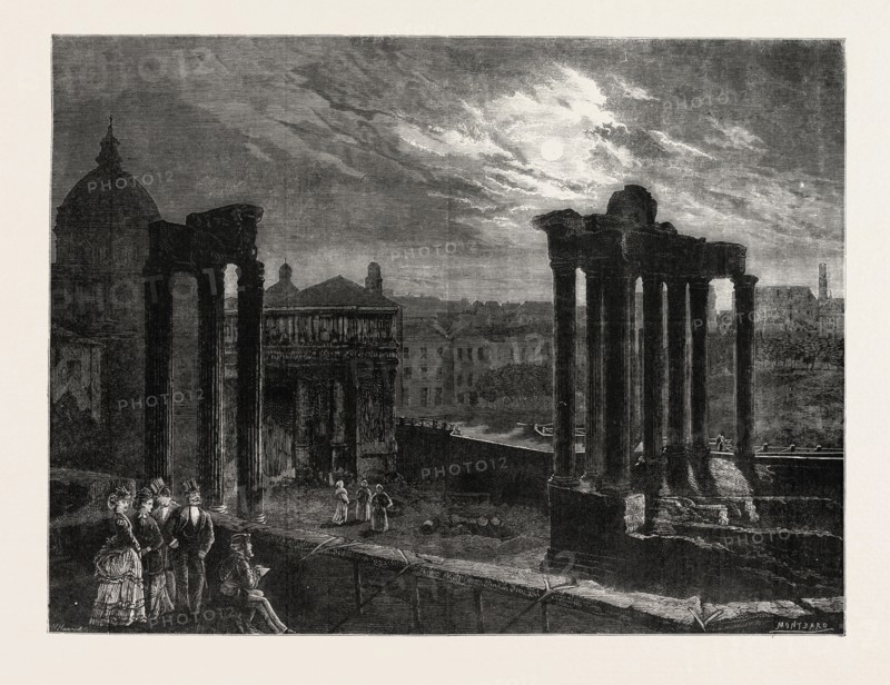THE ROMAN FORUM BY MOONLIGHT, ITALY, 1873 engraving