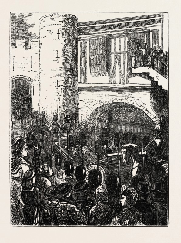 ARRIVAL OF THE SHAH AT THE TOWER, LONDON, UK, 1873 engraving