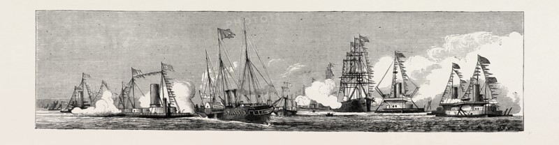 THE NAVAL REVIEW AT SPITHEAD: THE RETURN FROM SPITHEAD, VICTORIA AND ALBERT (ROYAL YACHT, H.M. the Shah on Board); THE PARTING SALUTE, UK, 1873 engraving