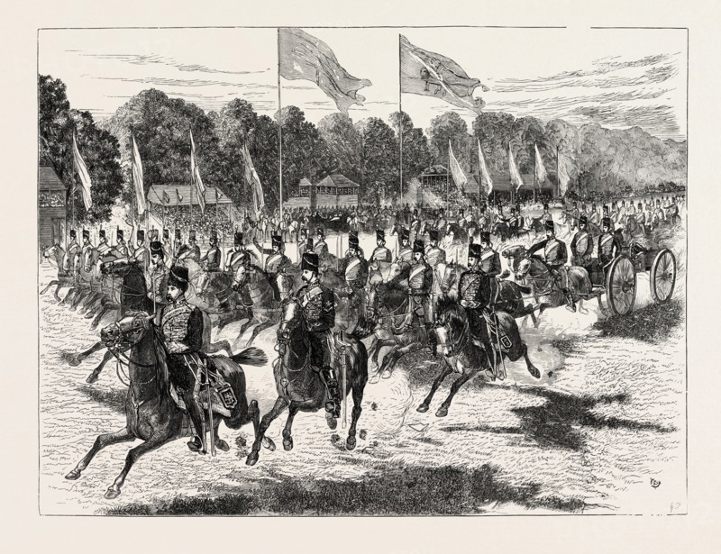 THE REVIEW IN WINDSOR PARK BEFORE HER MAJESTY AND THE SHAH: THE ARTILLERY PASSING AT A GALLOP, UK, 1873 engraving