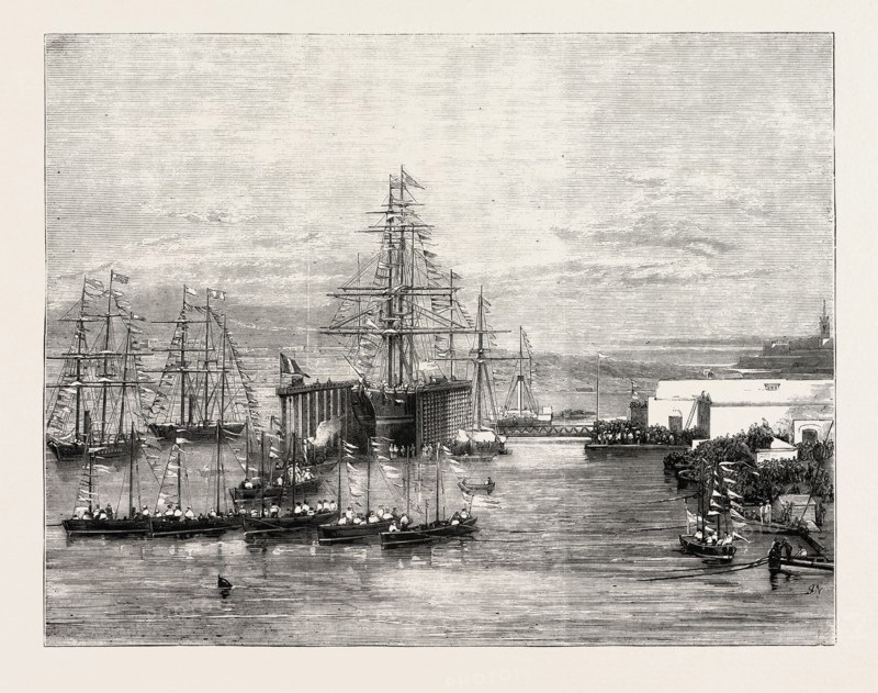 INAUGURATION OF THE CLARENCE HYDRAULIC DOCK AT MALTA, 1873 engraving