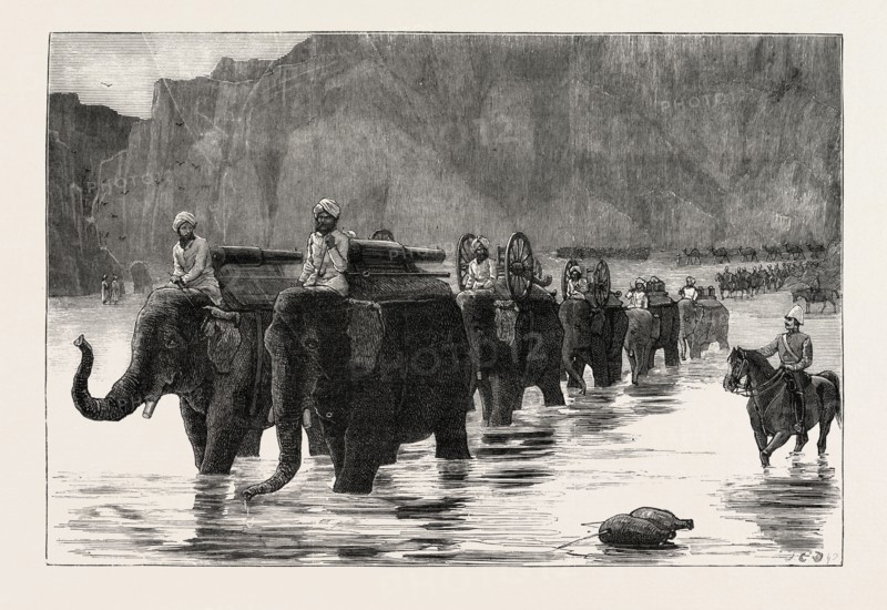 AFGHANISTAN: A COMPANY OF THE ROYAL ARTILLERY CROSSING THE DARANTA FORD, CABUL RIVER