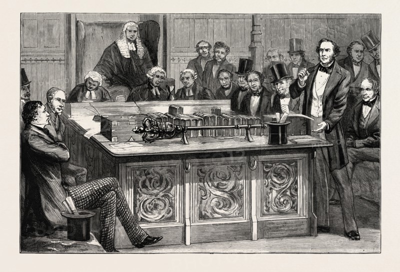MR. GLADSTONE ATTACKING MR. DISRAELI'S FIRST BUDGET IN THE HOUSE OF COMMONS, 1852, UK