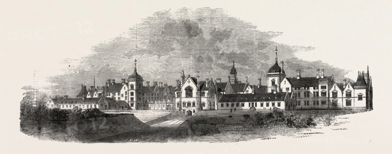 NORTH-WEST FRONT OF THE ASYLUM NEAR ARLSEY, BEDFORDSHIRE, FOR THE INSANE POOR OF HERTFORDSHIRE, BEDFORDSHIRE, AND HUNTINGDONSHIRE, 1860 engraving