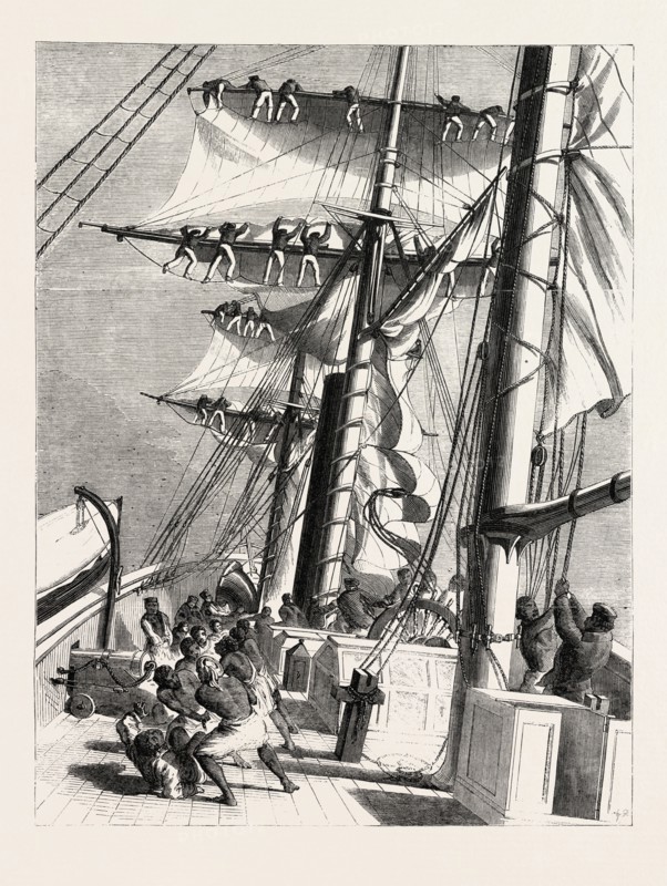 THE LIVINGSTONE EXPEDITION IN AFRICA: H.M.S. LYNX, SENT FOR THE RELIEF OF THE EXPEDITION, TAKING IN SAIL DURING A SQUALL, 1860 engraving