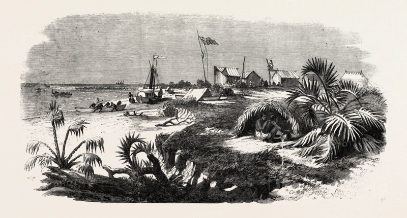 THE LIVINGSTONE EXPEDITION IN AFRICA: DR. LIVINGSTONE'S STATION AT THE MOUTH OF THE KONGONE RIVER, ON THE ZAMBESI DELTA, 1860 engraving