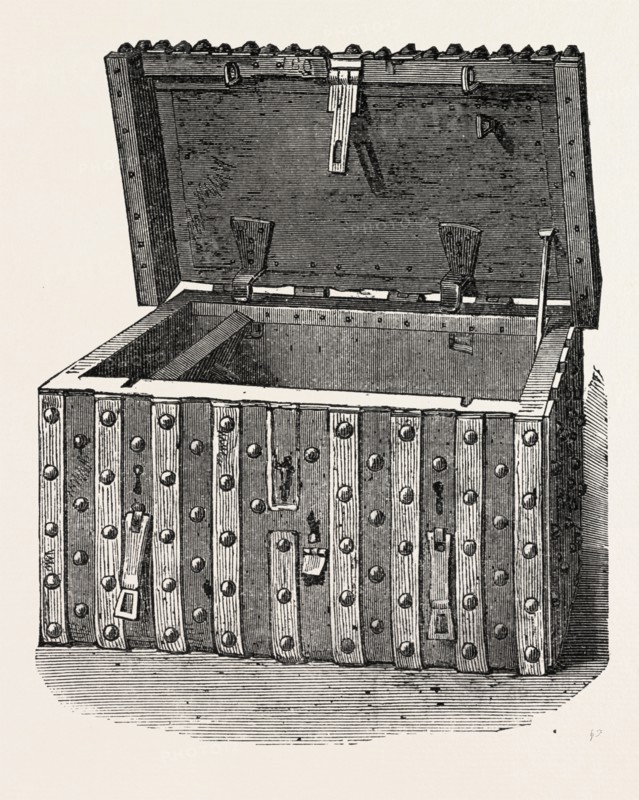 THE CHEST IN WHICH THE DOMESDAY BOOK WAS FORMERLY PRESERVED, 1860 engraving