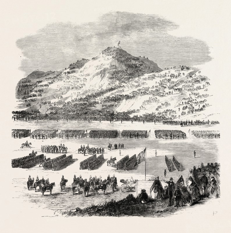 THE REVIEW BY HER MAJESTY OF RIFLE VOLUNTEERS AT EDINBURGH: VIEW LOOKING TOWARDS ARTHUR'S SEAT AND SALISBURY CRAGS, 1860 engraving