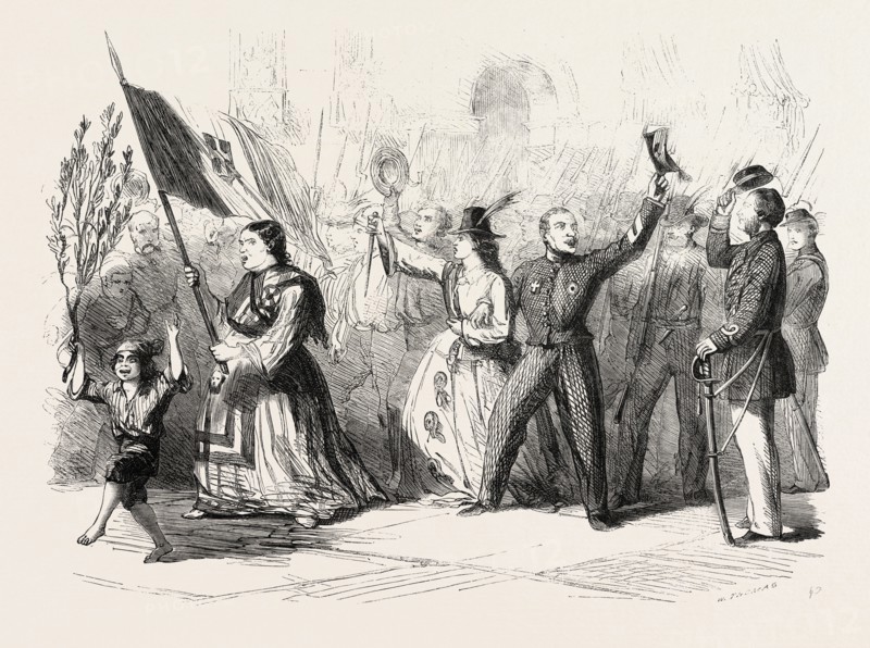 THE REVOLUTION IN NAPLES: STREET SCENE IN NAPLES THE DAY AFTER THE ARRIVAL OF GARIBALDI, ITALY, 1860 engraving