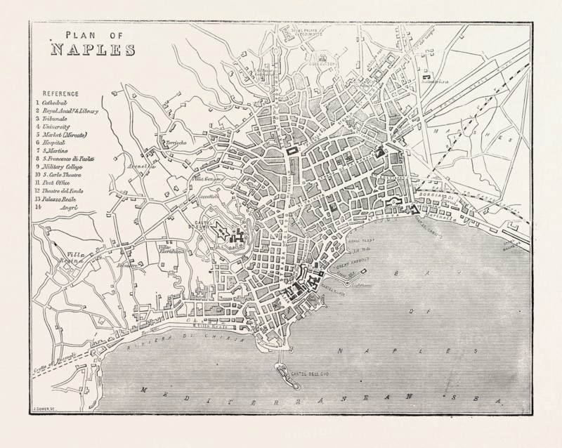 MAP OF NAPLES, ITALY, 1860 engraving