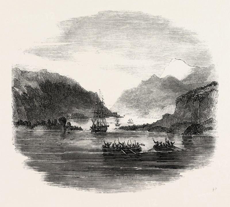 H.M.S. TERMAGANT CONVOYING THE GUN BOATS GRAPPLER AND FORWARD THROUGH THE STRAITS OF MAGELLAN: PASSING ENGLISH NARROWS, 1860 engraving