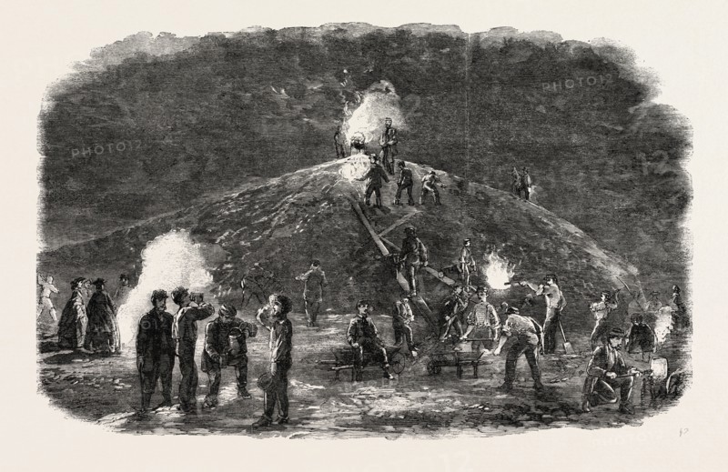 THE DEPTFORD RIFLE CORPS (34TH KENT) FORMING EARTHWORKS FOR THEIR SHOOTING GROUND BY TORCHLIGHT, 1860 engraving