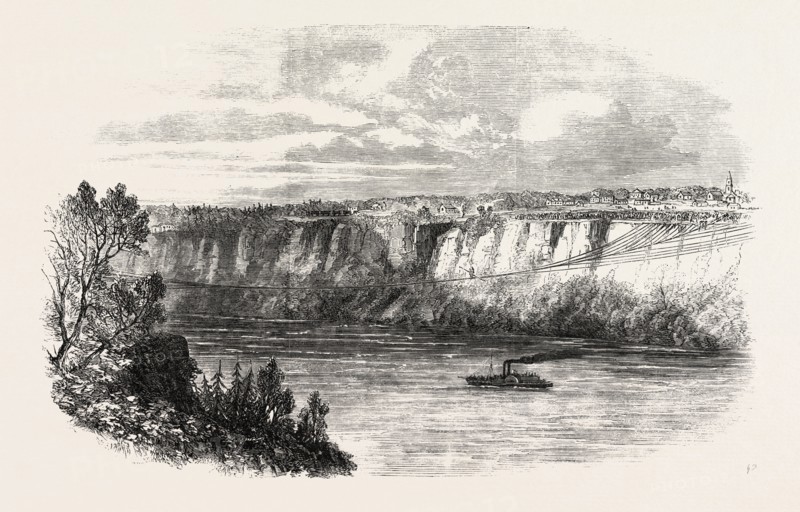 FARINA, WITH A MAN ON HIS BACK, CROSSING THE NIAGARA ON A TIGHTROPE, SEEN FROM CLIFTON HOUSE BALCONY, AUGUST 29, 1860, 1860 engraving