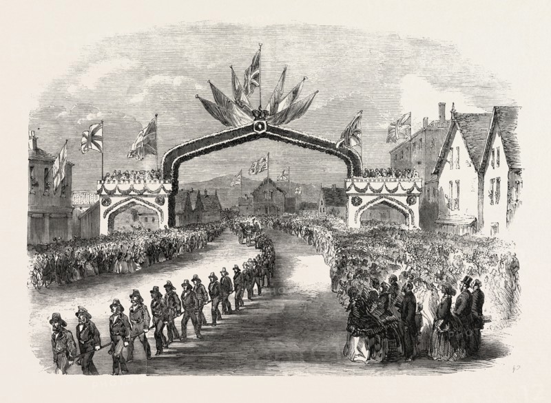 THE MEMBERS OF THE FIRE COMPANIES DRAWING THE PRINCE OF WALES THROUGH CARLETON, A SUBURB OF ST. JOHN, NEW BRUNSWICK, 1860 engraving