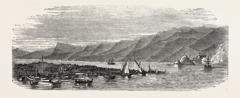 THE REVOLUTION IN SICILY: TROOPS PREPARING TO EMBARK AT THE FARO POINT, MESSINA, FOR SATURDAY EVENING, AUGUST 11, 1860, ITALY, 1860 engraving