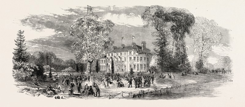 FETE AT DENHAM COURT, NEAR UXBRIDGE, UK, 1860 engraving