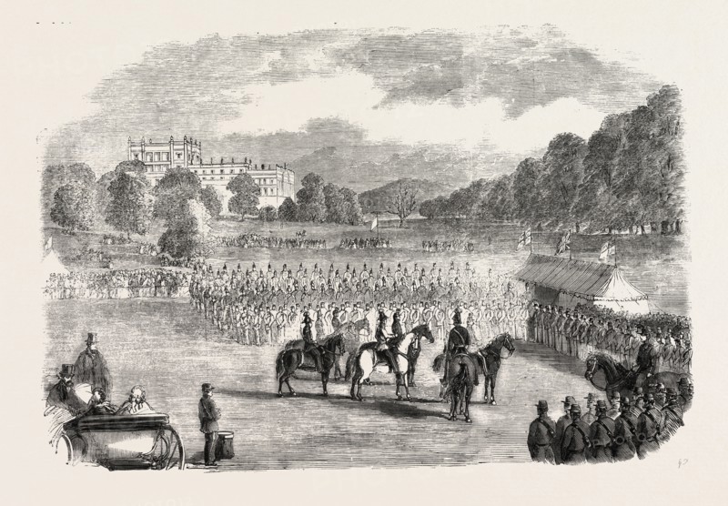 REVIEW OF DERBYSHIRE RIFLE VOLUNTEERS AT CHATSWORTH PARK, UK, 1860 engraving