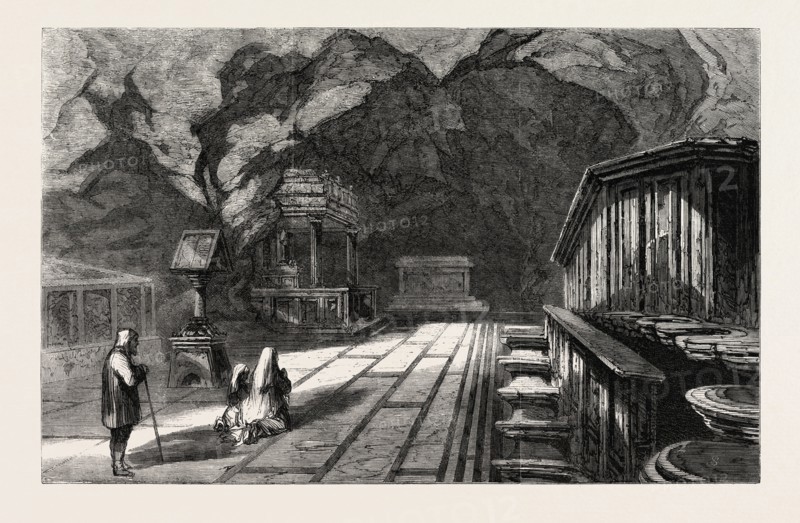 THE GROTTO OF SANTA ROSALIA, PALERMO, ITALY, 1860 engraving