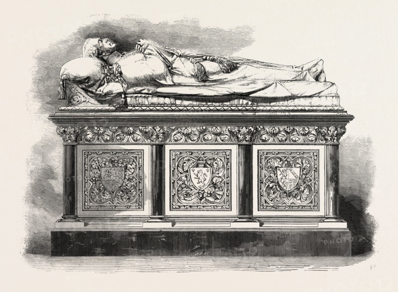 MONUMENT TO THE LATE EARL OF ELLESMERE IN WORSLEY CHURCH, NEAR MANCHESTER, UK, 1860 engraving