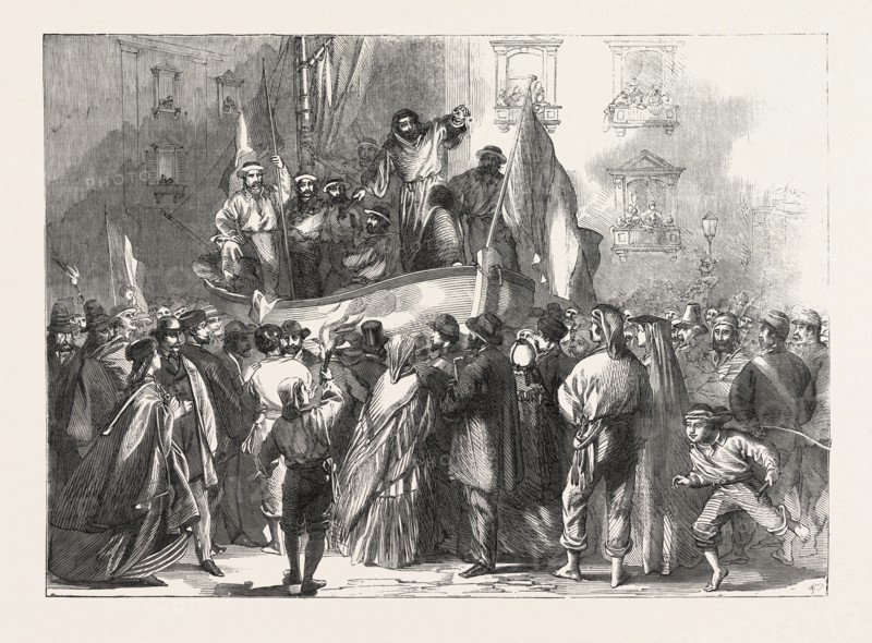 PADRE GIOVANNI ADDRESSING THE PEOPLE IN FRONT OF THE JESUITS' COLLEGE, NAPLES, ITALY, 1860 engraving