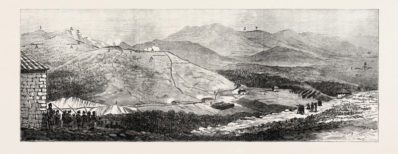 THE CIVIL WAR IN SPAIN: BATTLE OF GALDAMES, APRIL 30, 1874, VIEW FROM THE HEIGHTS OF MONTELLANO: 1. Galdames Mountains. 2. Limestone cliff. 3. Carlist Intrenchment. 4. Railroad to the Iron-Mines. 5. Mountains of Sopuerta. 6. Galdames Inn. 7. Wood full of Carlists. 8. San Felice Bridge. 9. Village of Mercadillo. 10. Road to Valmaseda. 11. Houses of Mercadillo. A, A, A. Carlist Intrenchments. B. Carlists Retreating. C. Left wing of Concha's Army. D. Saragosa Regiment, making a feigned attack on the Carlists. E. Battery. F. Concha's Troops